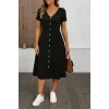 Kadın Kısa Kollu V Yakalı önden Düğmeli A Kesim Dokuma Elbise