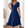 Kadın Kısa Kollu V Yakalı önden Düğmeli A Kesim Dokuma Elbise