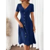 Kadın Kısa Kollu V Yakalı önden Düğmeli A Kesim Dokuma Elbise