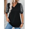 Kadın Kısa Kollu V Yakalı Pul Payet Detaylı Viskon Bluz