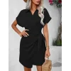 Kadın Kısa Kollu Yakalı Yandan Bağlamalı Dokuma Elbise