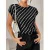 Kadın Kısa Yarasa Kollu Bisiklet Yaka çizgi Desenli Atlas Bluz