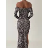 Kadın Madonna Yaka Dalgıç Kumaş Leopar Desen Maxi Boy Derin Yırtmaçlı Elbise