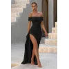 Kadın Madonna Yaka Pileli Derin Yırtmaçlı Uzun Ithal Krep Elbise