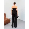 Kadın Siyah Dokulu Askılı Üst Ve Bol Paça Pantolon 2’li Takım