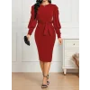 Kadın Uzun Kollu Bisiklet Yaka Beli Kuşaklı Ithal Krep Midi Elbise