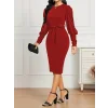 Kadın Uzun Kollu Bisiklet Yaka Beli Kuşaklı Ithal Krep Midi Elbise