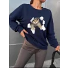 Kadın Uzun Kollu Bisiklet Yaka Kedi Desenli Viskon Iki Iplik Bluz