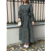 Kadın Uzun Kollu Bisiklet Yaka Papatya Desen Kuşak Dahil Maxi Boy Elbise