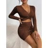 Kadın Uzun Kollu çapraz Dekolte Detaylı Mini Sandy Elbise