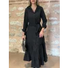 Kadın Uzun Kollu Eteği Fırfırlı Beli Kuşaklı Trikoton Tam Boy Gömlek Elbise