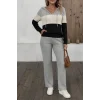 Kadın Uzun Kollu Kapşonlu Bağcıklı Blok Renkli şardonlu Kaşkorse Bluz Ve Pantolon Ikili Takım