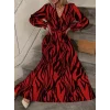 Kadın Uzun Kollu Kruvaze Yakalı Kuşaklı Zebra Desenli Süprem Maxi Elbise