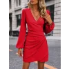 Kadın Uzun Kollu Kruvaze Yakalı Yanlardan Büzgü Detaylı Ithal Krep Kısa Elbise