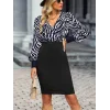 Kadın Uzun Kollu Kruvaze Yakalı Zebra Desenli Kısa Krep Elbise