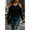 Kadın Uzun Kollu Omuzlardan Açık Askılı Yuvarlak Yaka Triko Bluz