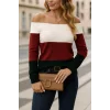 Kadın Uzun Kollu Omuzlardan Açık Uzun Kollu Blok çizgili Triko Bluz
