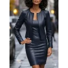 Kadın Uzun Kollu önü Açık Deri Ceket Ve Askılı Yuvarlak Yakalı Mini Elbise Ikili Takım