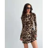 Kadın Uzun Kollu Sırtı Açık Bağlamalı Leopar Desenli Kısa Dalgıç Elbise