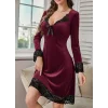 Kadın Uzun Kollu V Dantel Yakalı Mini Kadife Elbise