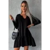 Kadın Uzun Kollu V Yaka Eteği Büzgülü Kloş Iki Iplik Mini Boy Elbise