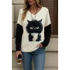Kadın Uzun Kollu V Yakalı Kedi Baskılı şardonlu Dalgıç Bluz