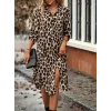 Kadın Uzun Kollu Yakalı önden Düğmeli Leopar Desenli Modal Midi Elbise