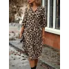 Kadın Uzun Kollu Yakalı önden Düğmeli Leopar Desenli Modal Midi Elbise