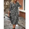 Kadın Uzun Kollu Yakalı önden Düğmeli Leopar Desenli Modal Midi Elbise