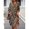 Kadın Uzun Kollu Yakalı önden Düğmeli Leopar Desenli Modal Midi Elbise