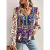 Kadın Uzun Kollu Yakası Açık Bağcıklı çiçek Desenli Salaş Bluz