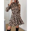 Kadın Uzun Kollu Yarı Balıkçı Yaka Leopar Desenli Modal Mini Elbise