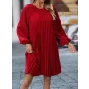 Kadın Uzun Kollu Yuvarlak Yaka Pileli Salaş Mini Ithal Krep Elbise