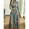 Kadın Uzun Kollu Yuvarlak Yakalı Beli Kuşaklı Desenli Süprem Uzun Elbise