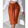 Kadın Yüksek Bel Kuşaklı Yanlardan Düğmeli Mini Deri Etek