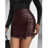 Kadın Yüksek Belli Yandan çivili Mini Deri Etek