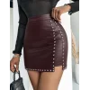 Kadın Yüksek Belli Yandan çivili Mini Deri Etek