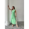 KETEN ELBİSE KOLSUZ BEL BAĞLAMALI MAXİ ELBİSE - Yeşil