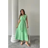 KETEN ELBİSE KOLSUZ BEL BAĞLAMALI MAXİ ELBİSE - Yeşil