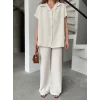 Keten Kısa Kollu Cepli Gömlek Pantolon Ikili Takım - Beyaz