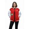 Kırmızı Varsity Çıtçıtlı Baskılı Oversize Kalıp Kolej Ceket - Kırmızı