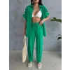 OMUZ MİDYE SIRALI BLUZ - PAÇA PENSLİ PANTOLON TAKIM - Yeşil