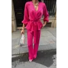 SATEN KRUVAZE BAĞLAMALI BLUZ- PANTOLON TAKIM - Fuşya