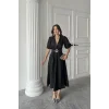 Siyah Işıltılı Kemerli Kruvaze Elbise