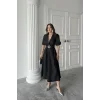 Siyah Işıltılı Kemerli Kruvaze Elbise