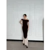 Striptiz Omuzlu Uzun Elbise- Kahve