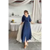 V YAKA BEL BONCUK BAĞLAMALI MÜSLİN ELBİSE YIRTMAÇ DETAYLI - Lacivert