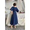 V YAKA BEL BONCUK BAĞLAMALI MÜSLİN ELBİSE YIRTMAÇ DETAYLI - Lacivert