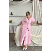 V YAKA BEL BONCUK BAĞLAMALI MÜSLİN ELBİSE YIRTMAÇ DETAYLI - Pembe