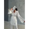 VİSKON JAKARLI BAĞLAMALI GÖMLEK - PANTOLON TAKIM - Beyaz